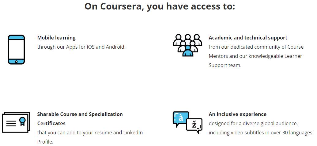 toutes les fonctionnalités auxquelles vous avez accès sur coursera