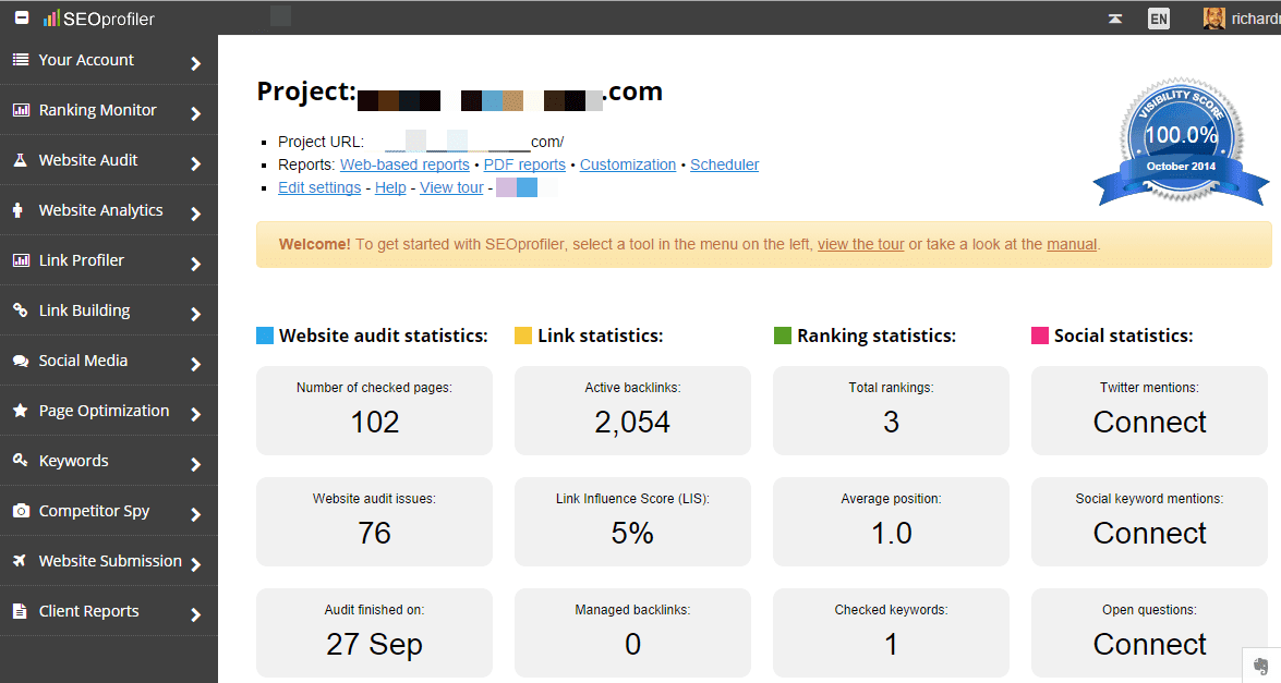 SEOprofiler SEO audit statistics