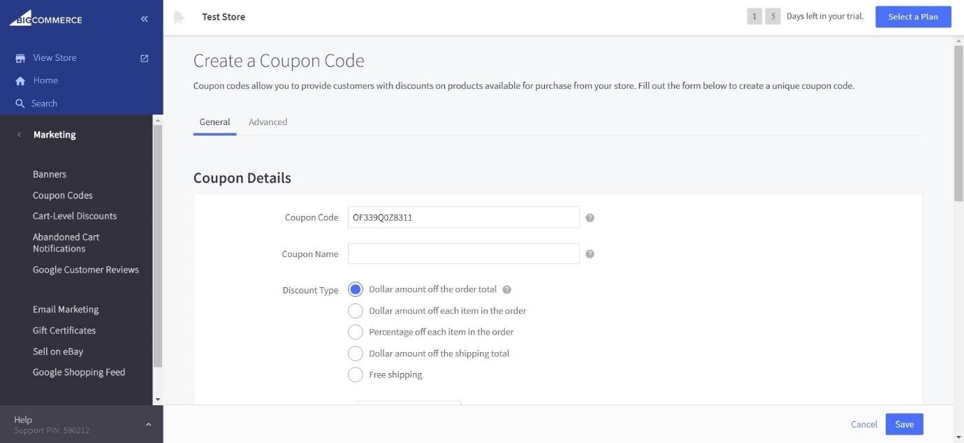 BigCommerce crear un código de cupón