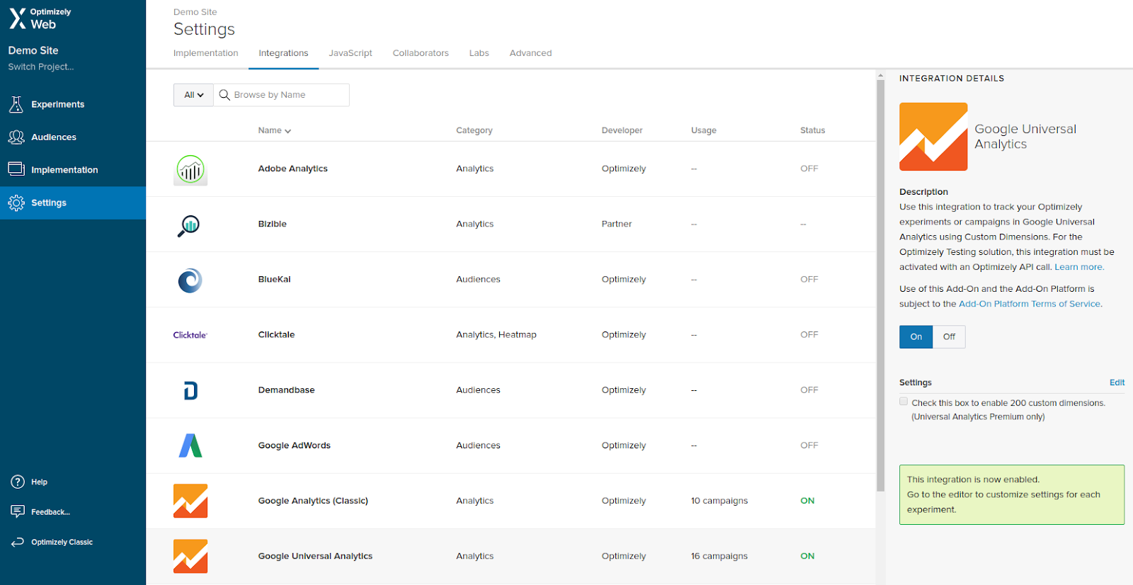 optimizely settings