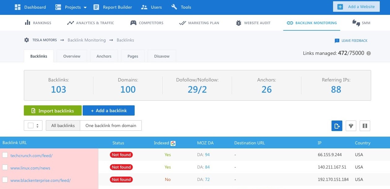 Vérificateur de liens retour de SE Ranking