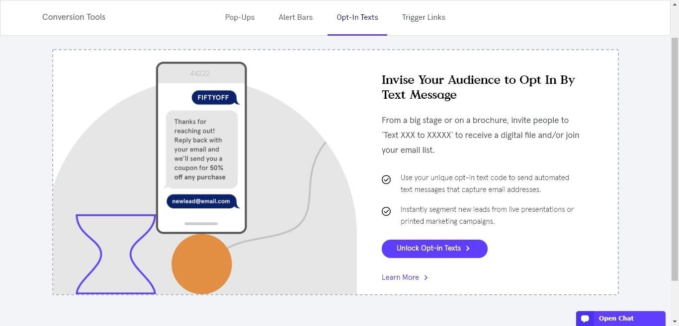 Leadpages-Konvertierungstools "Opt-in per Text" Option