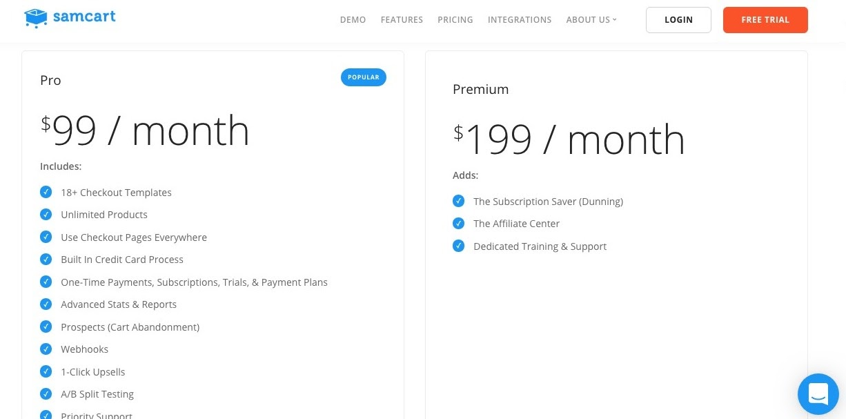 samcart pricing table