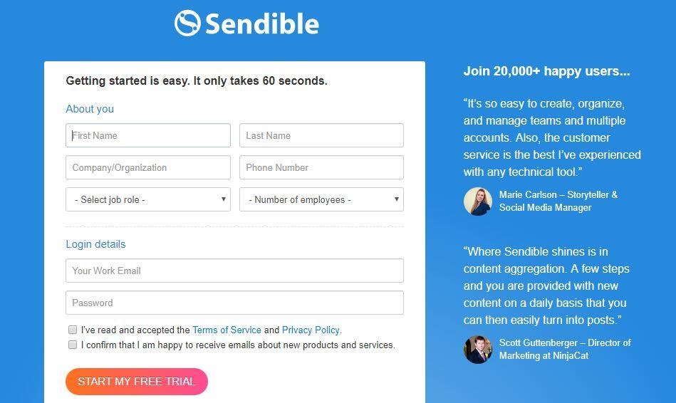 Formulaire de démarrage avec sendible