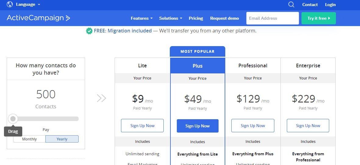 ActiveCampaign pricing table