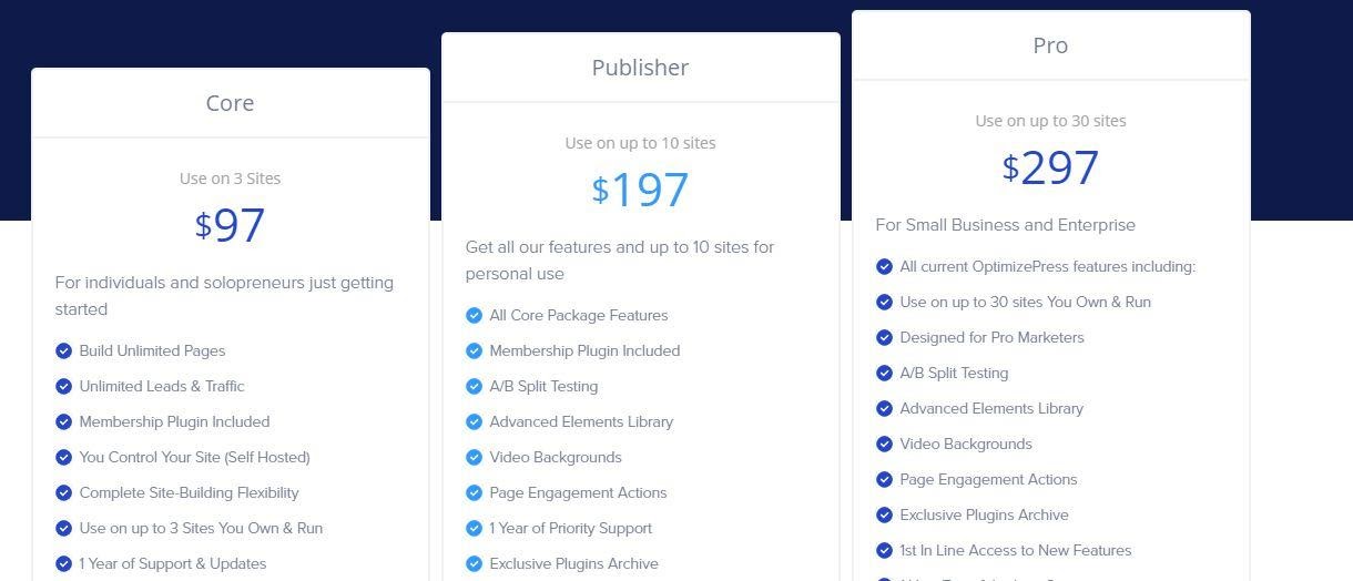 The OptimizePress pricing chart