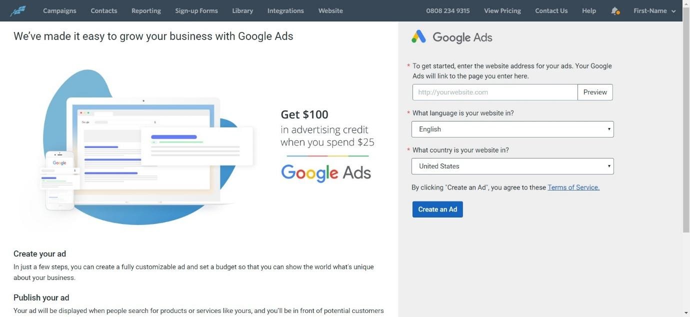 create Google ads on Constant Contact