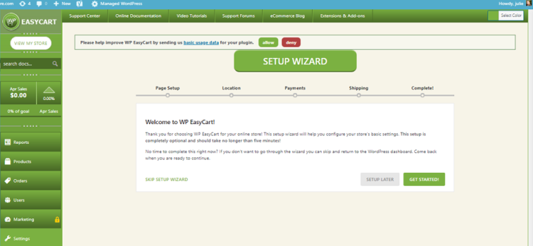 WP EasyCart Set Up Screen